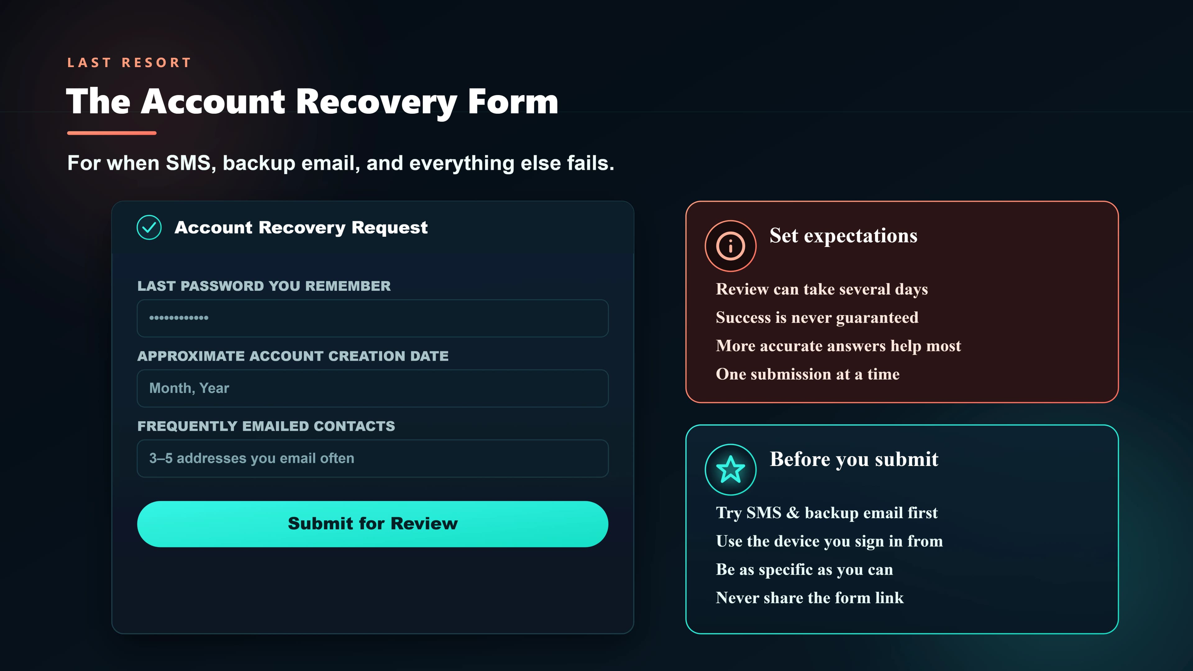 Google's account recovery form — the last resort for regaining Gmail access when SMS and email recovery paths are unavailable.