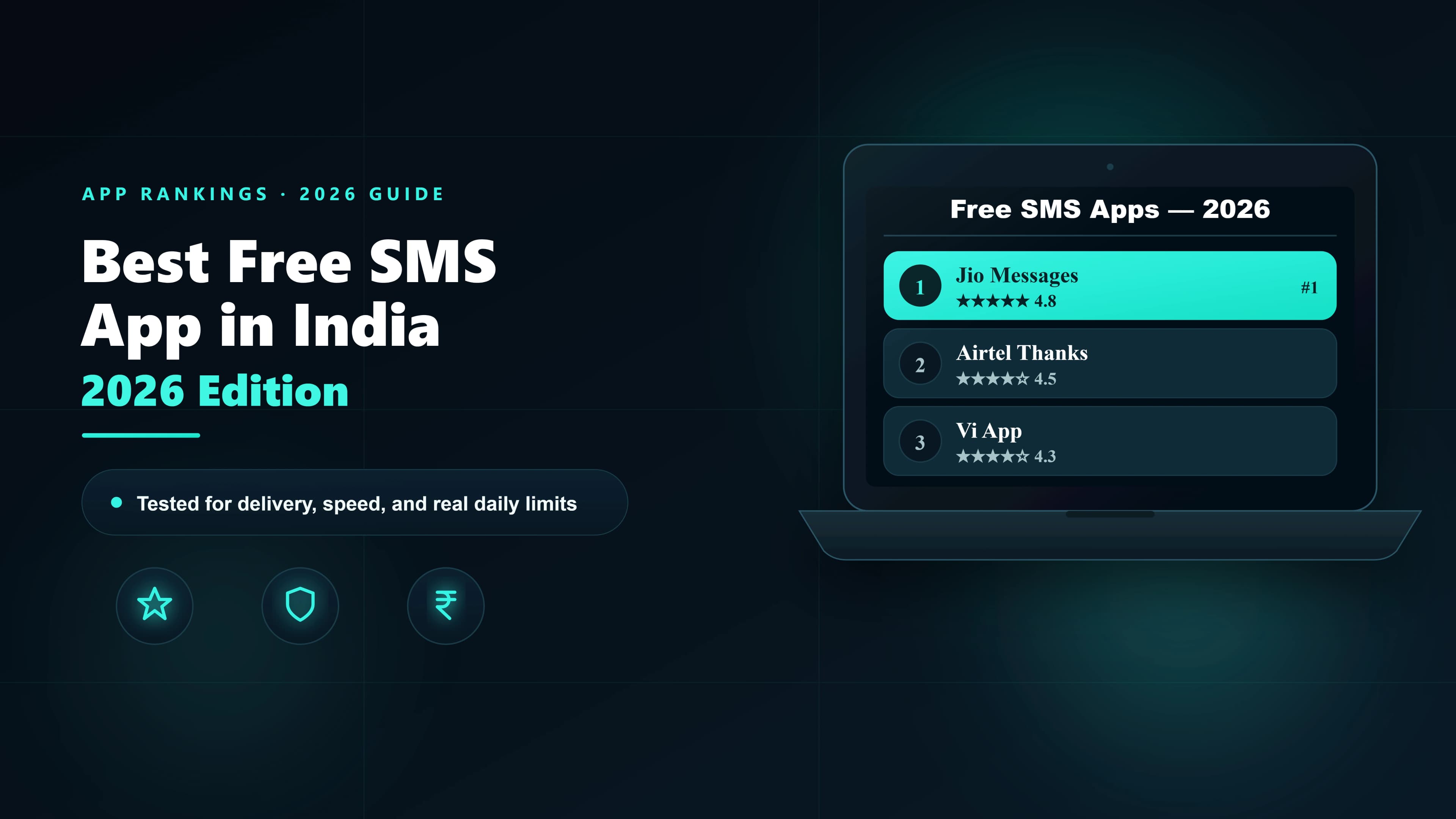 Illustration of the best SMS apps for Android in India 2026 — Google Messages, Samsung Messages, Textra, QKSMS, Pulse SMS, and AirDroid side by side.