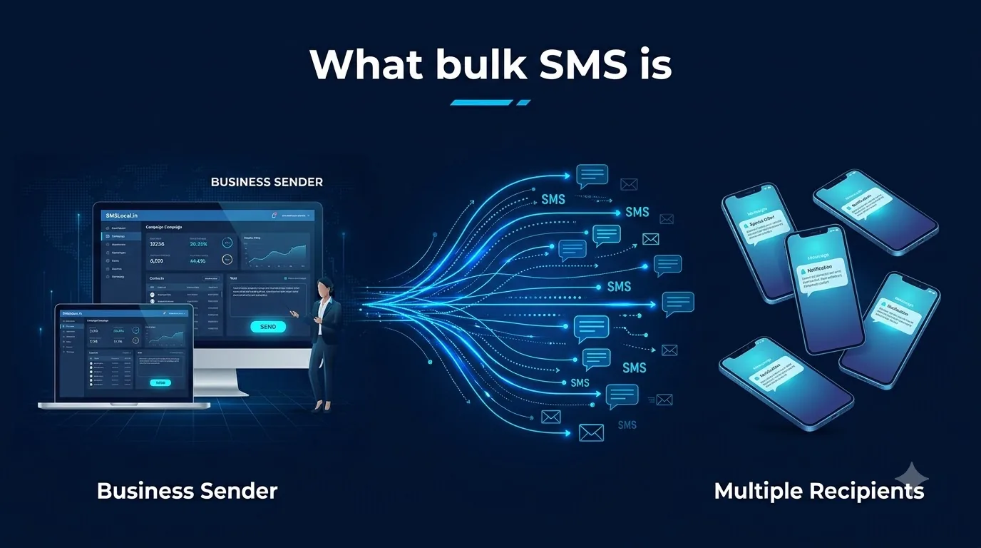 Diagram of a business sending one bulk SMS campaign from a dashboard to many recipient phones at once.