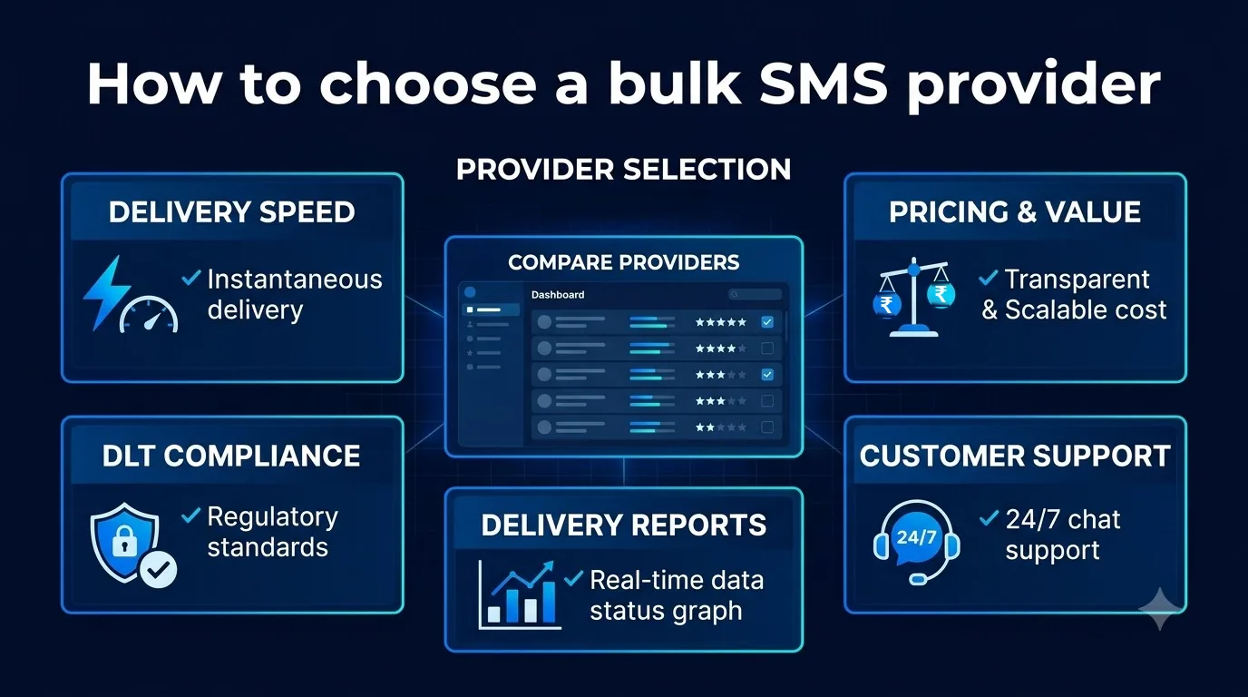 Checklist of what to compare in a bulk SMS provider: delivery speed, pricing, DLT compliance, delivery reports and customer support.