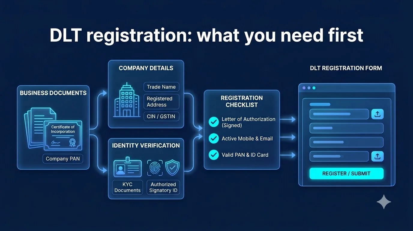 Flow of the documents needed for DLT registration: business documents, company details and identity verification feeding a checklist and the DLT portal form.
