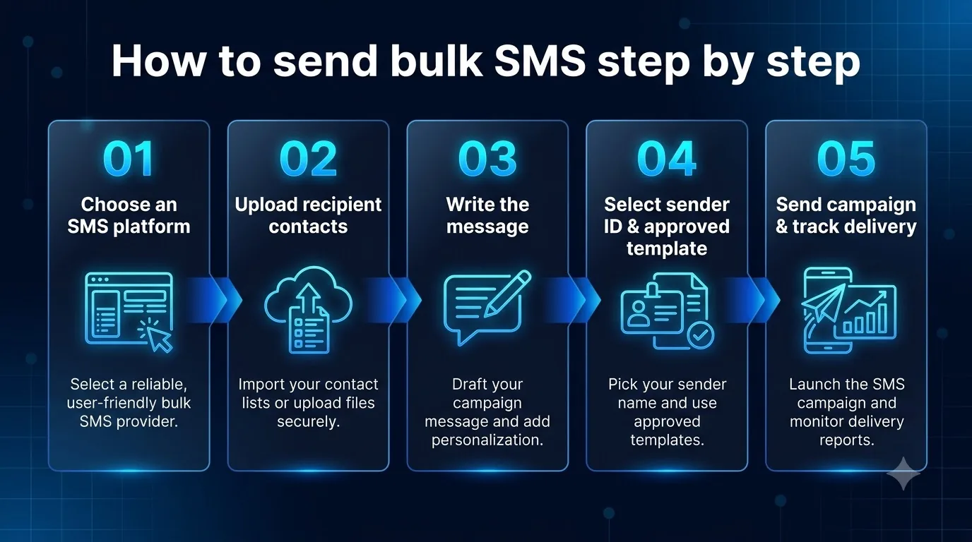 Five numbered steps to send bulk SMS: choose a platform, upload contacts, write the message, select sender ID and approved template, then send and track delivery.