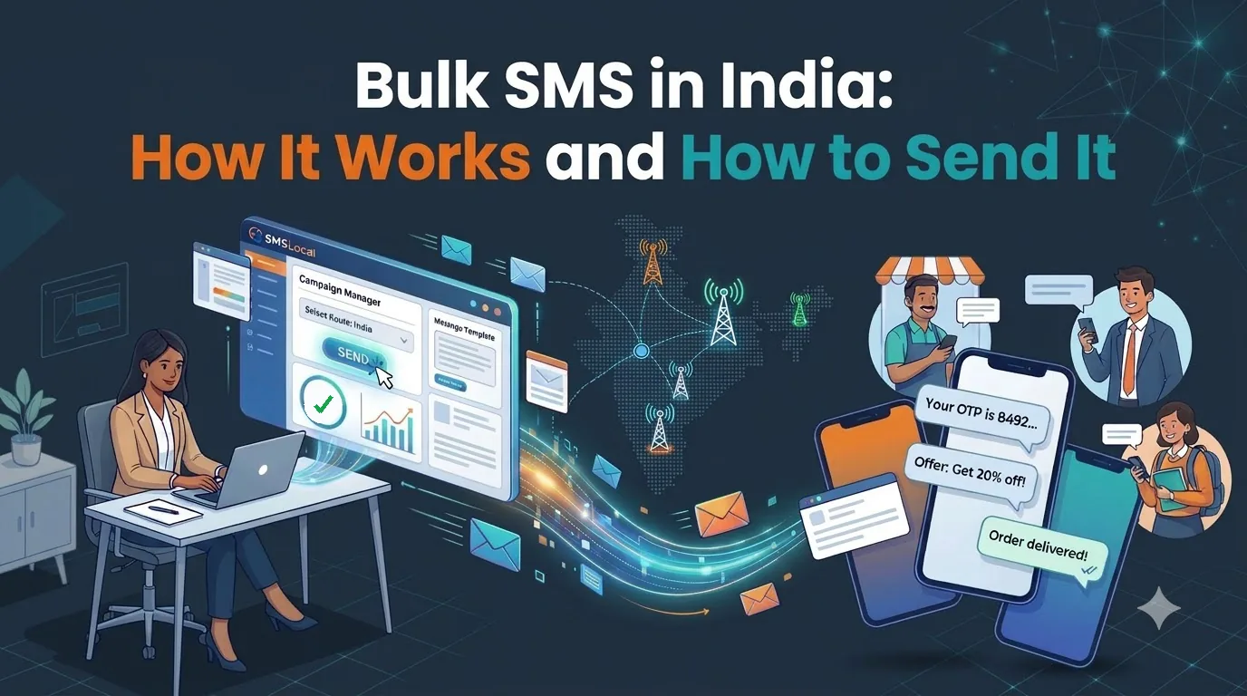 Illustration of a business user sending a bulk SMS campaign from a dashboard, with messages travelling across India to customers' phones showing an OTP, an offer and a delivery notice.