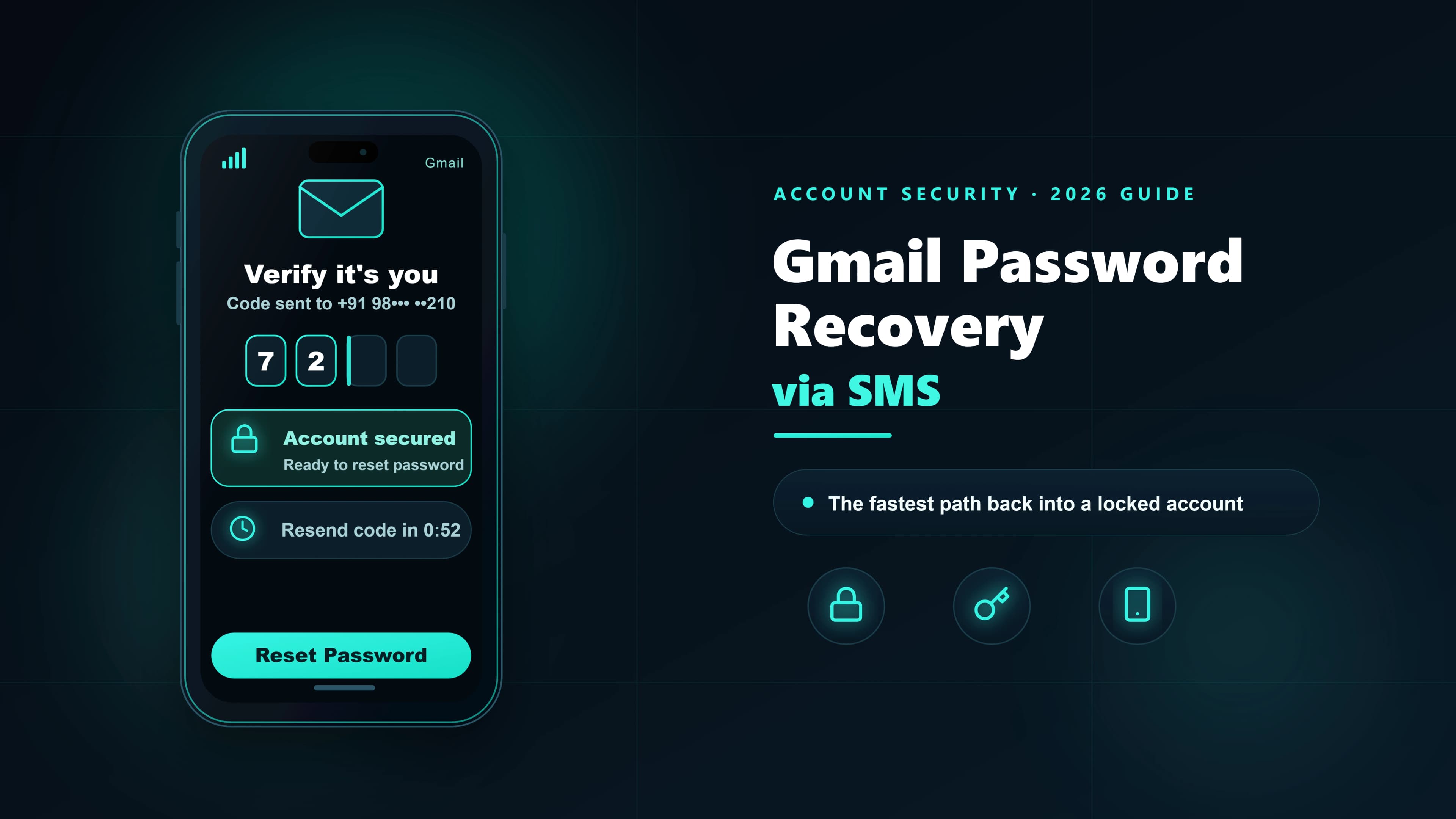 Abstract illustration representing Gmail password recovery via SMS — phone receiving a verification code to regain access to a Google account.