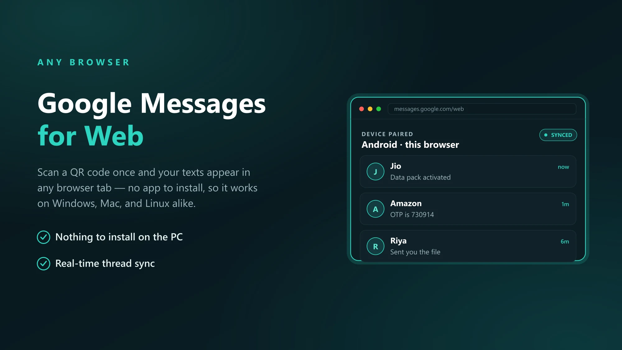 A laptop web browser displaying SMS chat threads synced from an Android phone, illustrating Google Messages for web working on any operating system.