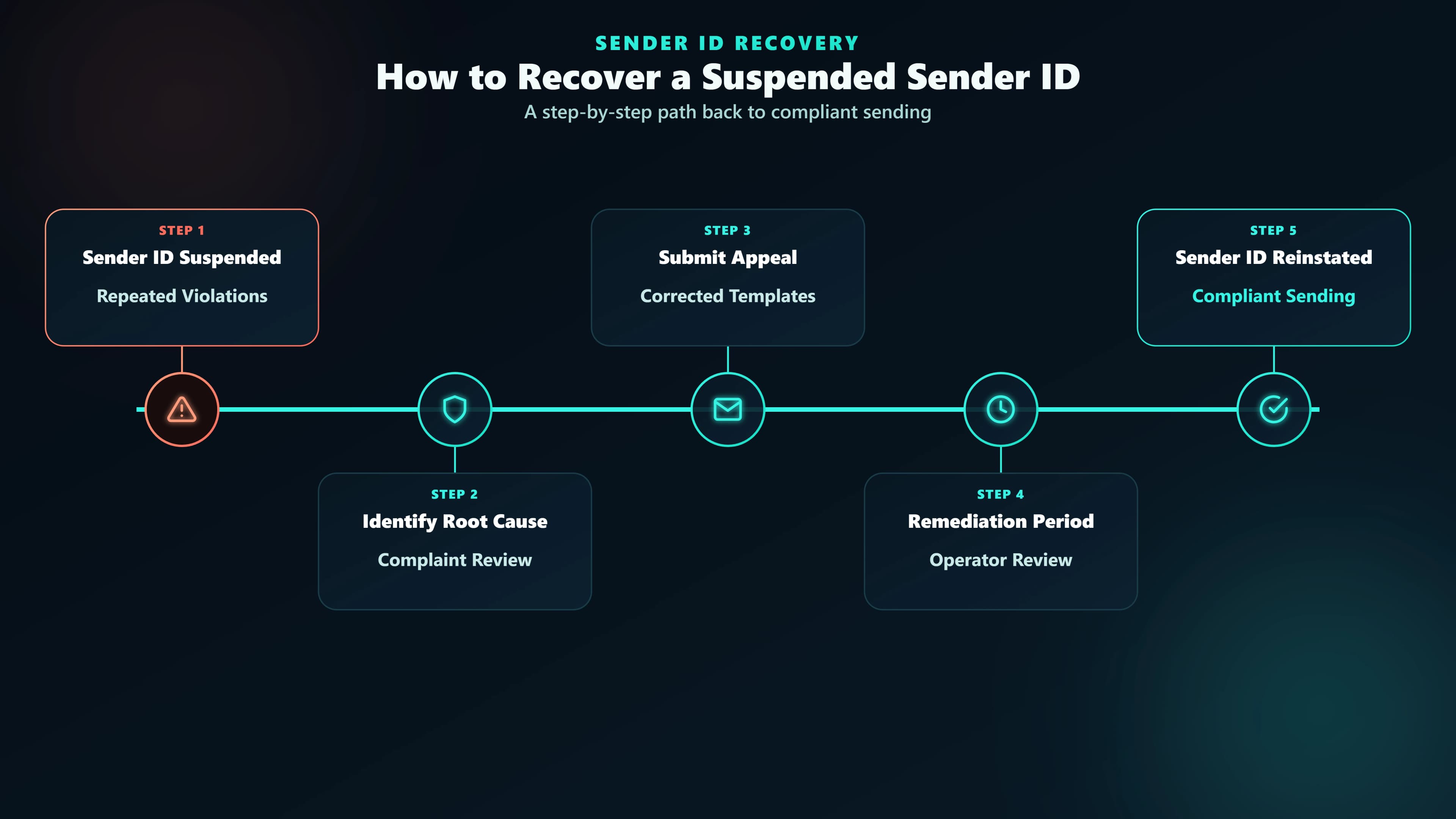 Step-by-step guide on how to recover a suspended DLT sender ID in India — confirming the suspension, identifying the violation, filing a re-instatement request, and fixing the root cause.