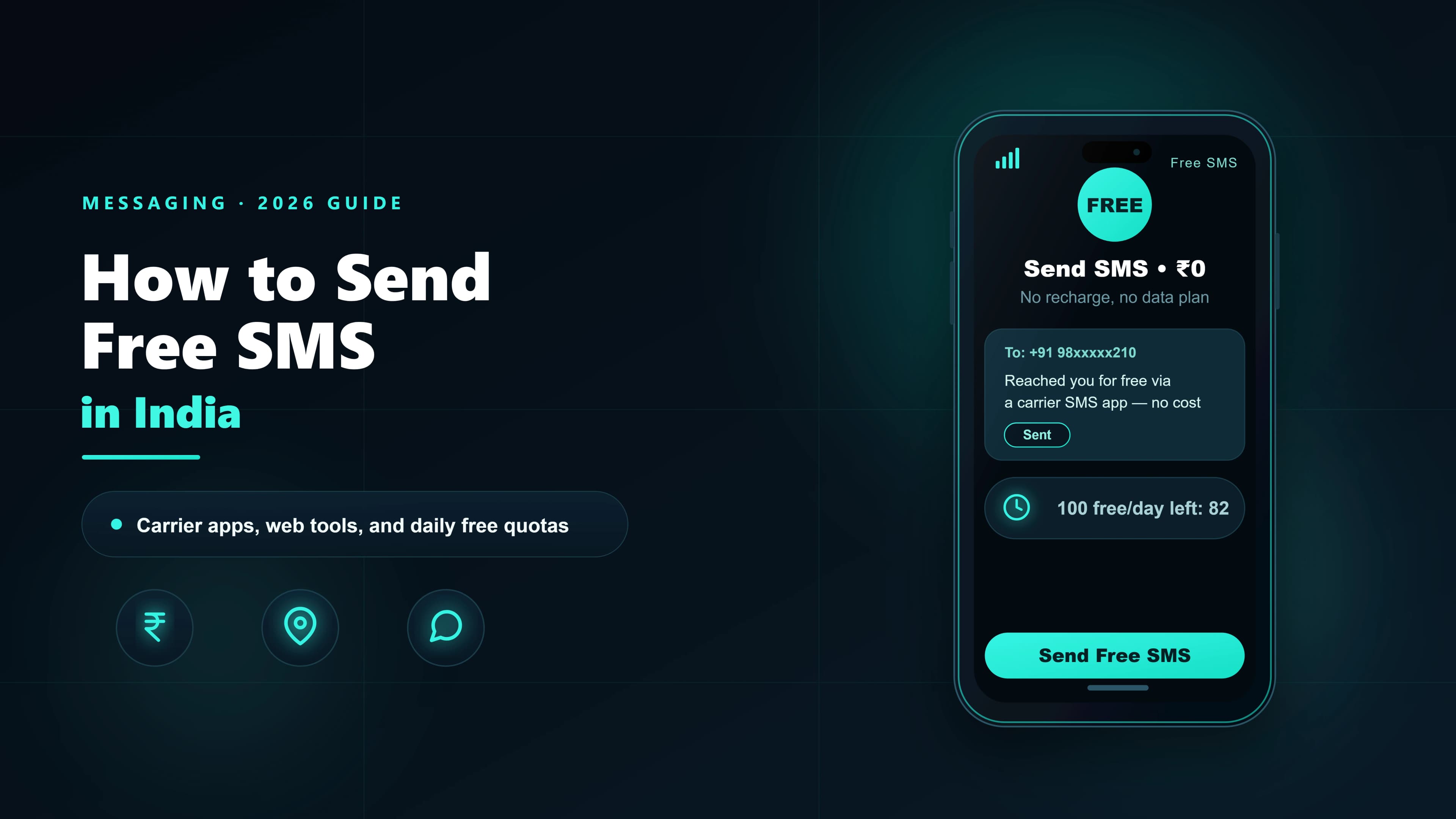 Abstract illustration representing how to send free SMS in India — mobile phone with message bubbles showing free text messaging options in 2026.