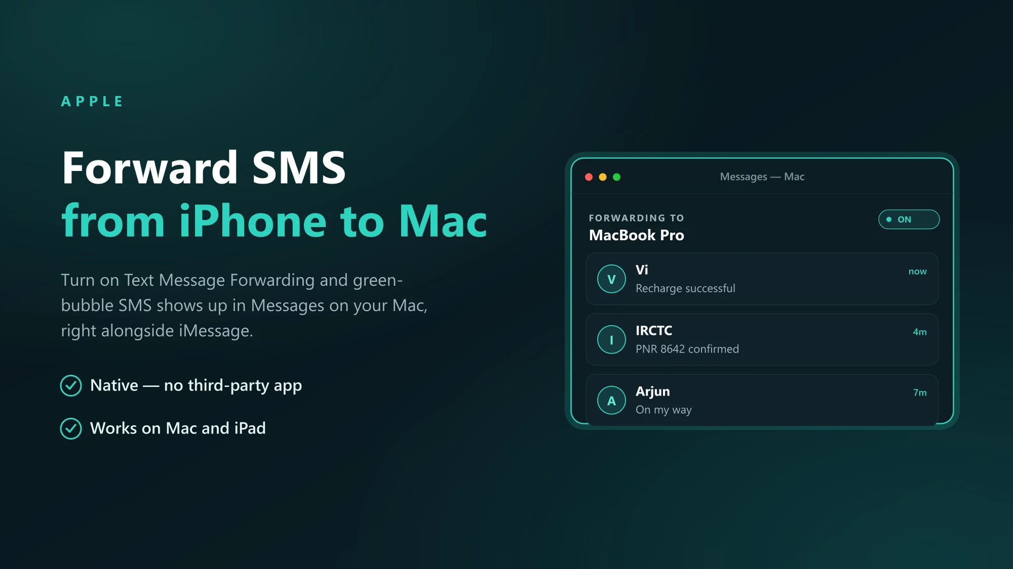 An iPhone and a Mac side by side showing the same message conversation, illustrating Text Message Forwarding of SMS from iPhone to Mac.