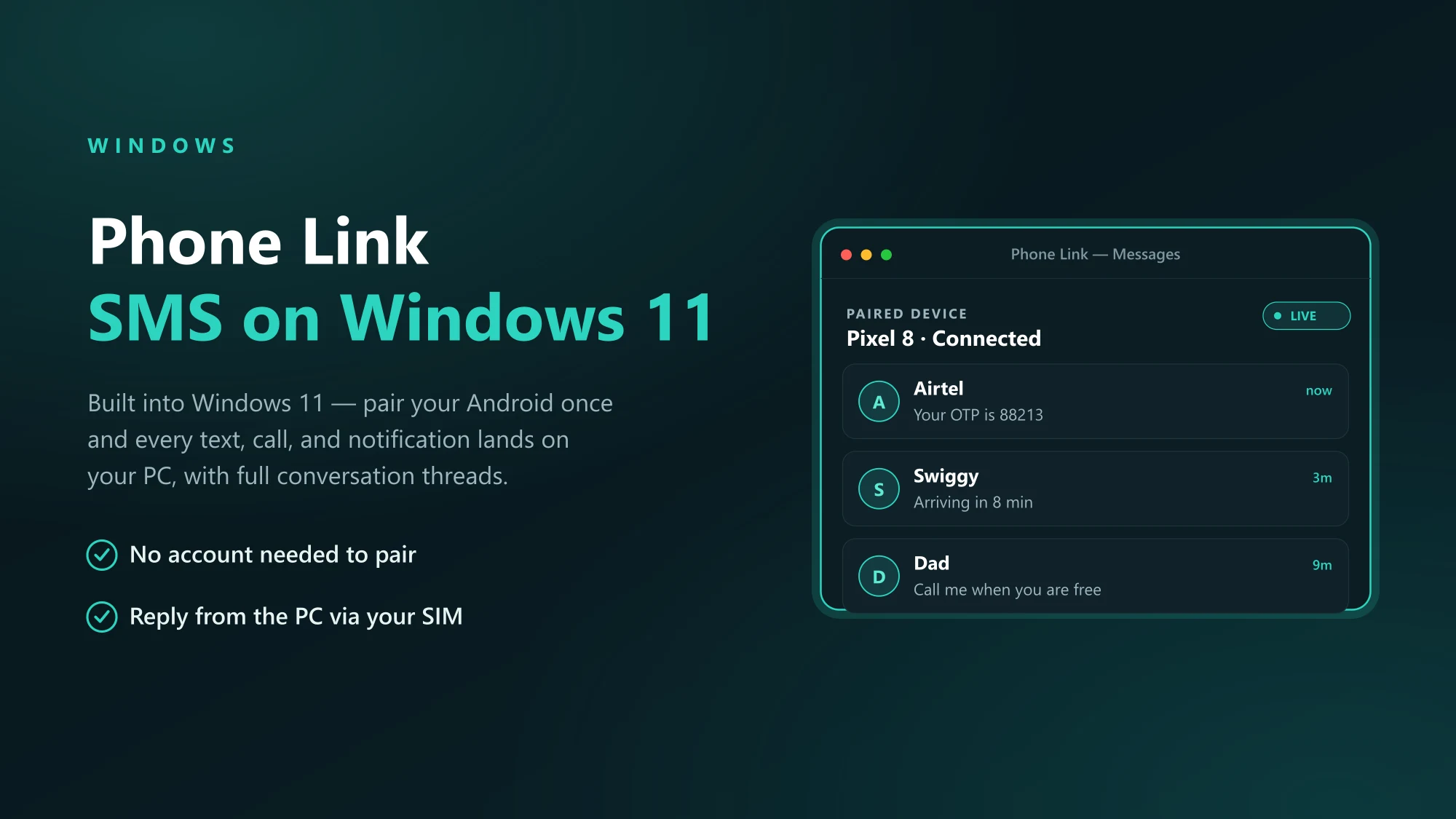 An Android phone paired to a Windows PC with SMS conversation threads mirrored on the computer screen via Phone Link.