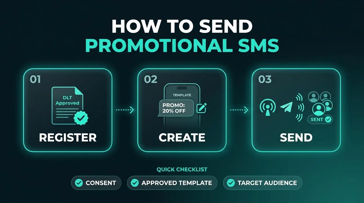 Three steps to send promotional SMS: register on DLT, create an approved template, then send, with a checklist of consent, template and audience.