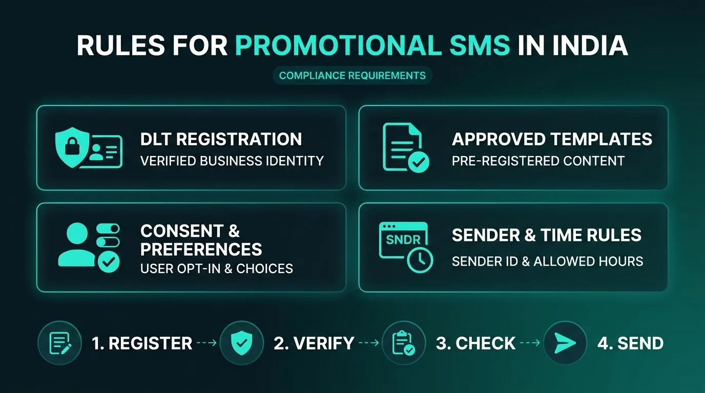Four rule cards for promotional SMS in India: DLT registration, approved templates, consent and preferences, and sender and time rules.
