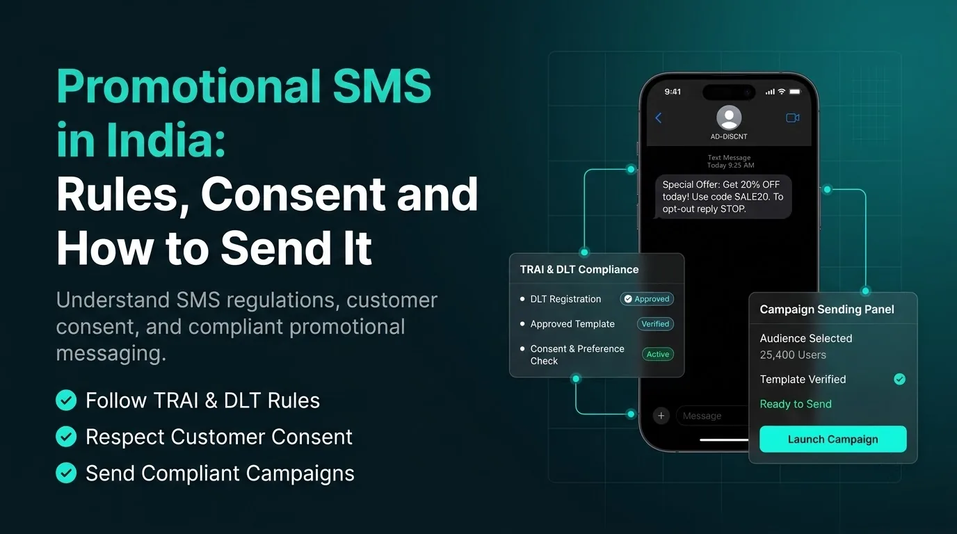 Phone showing a promotional SMS from a registered sender next to a TRAI and DLT compliance checklist and a campaign sending panel.