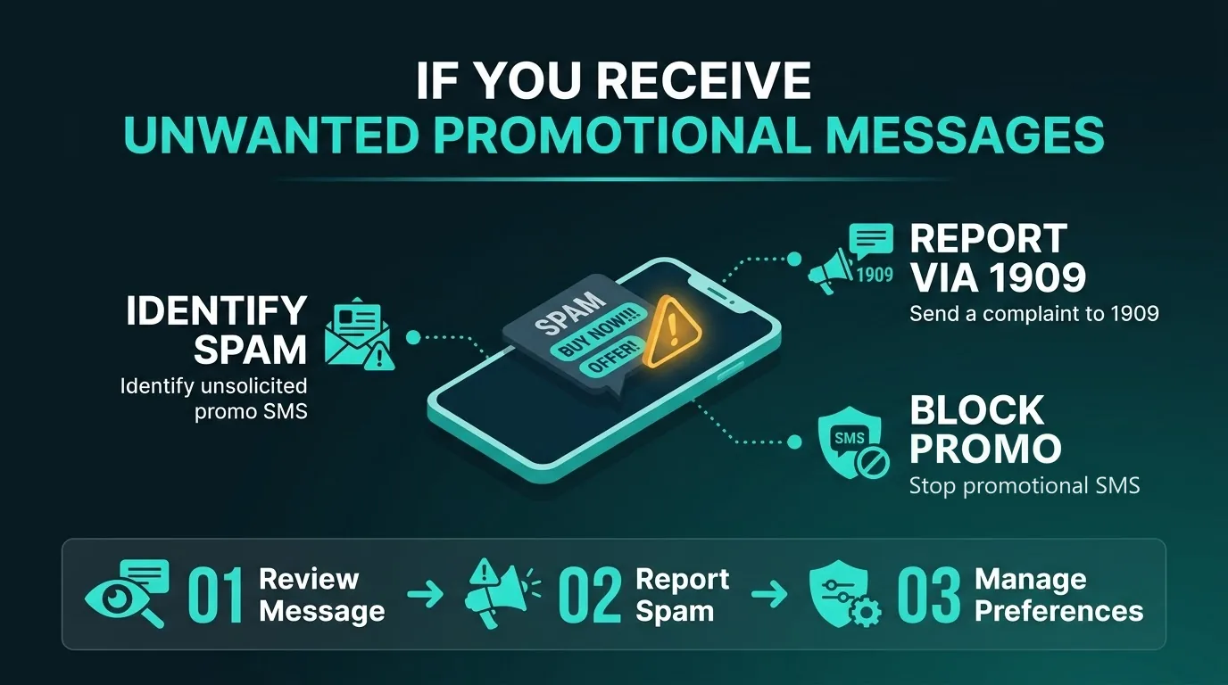 Steps for unwanted promotional SMS: identify the spam, report it via 1909, and block promotional messages, then manage preferences.