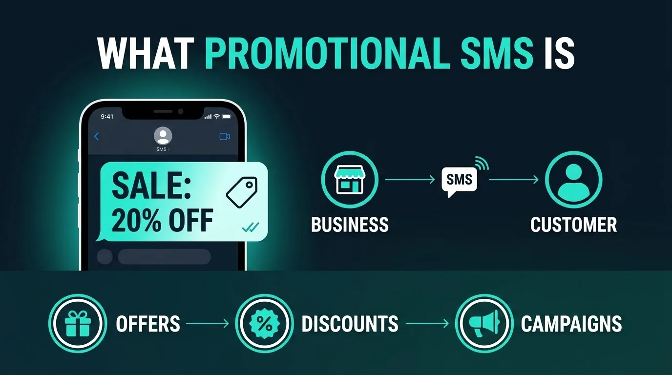 Business sending an SMS offer to a customer, with a sale message on a phone and the words offers, discounts and campaigns.