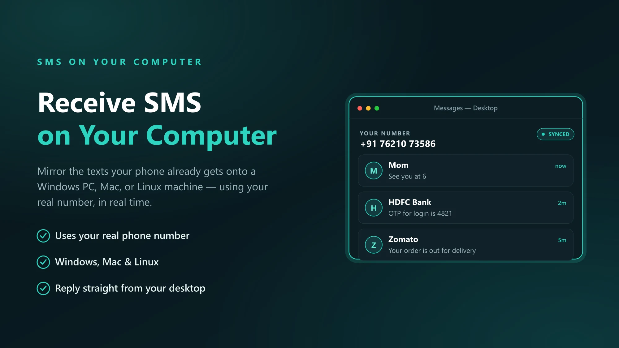 Illustration of SMS messages appearing on a computer screen next to a smartphone, showing a phone-to-PC message mirroring setup.
