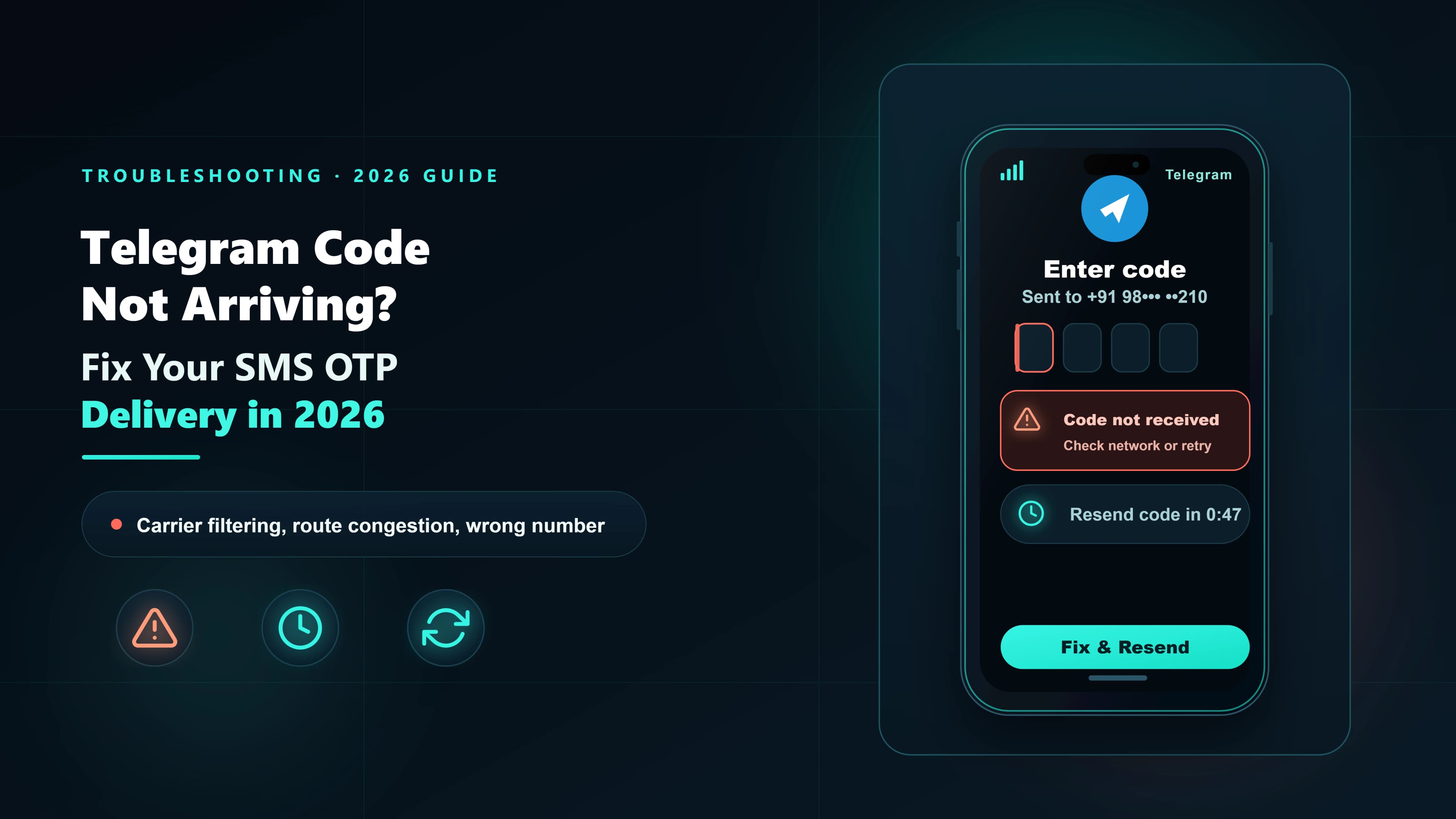 Abstract illustration representing a Telegram verification code not arriving via SMS — phone screen with a warning indicator and pending OTP code.