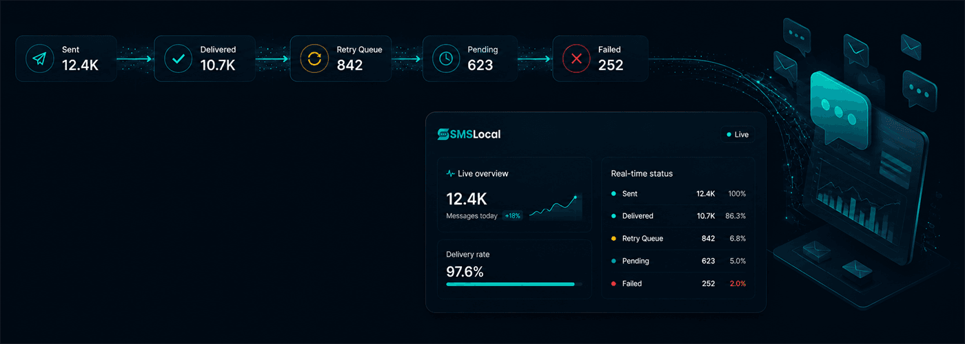 SMSLocal bulk SMS delivery dashboard showing every send, real-time delivery receipts, per-carrier breakdown and automatic retries for millions of messages in a single view.