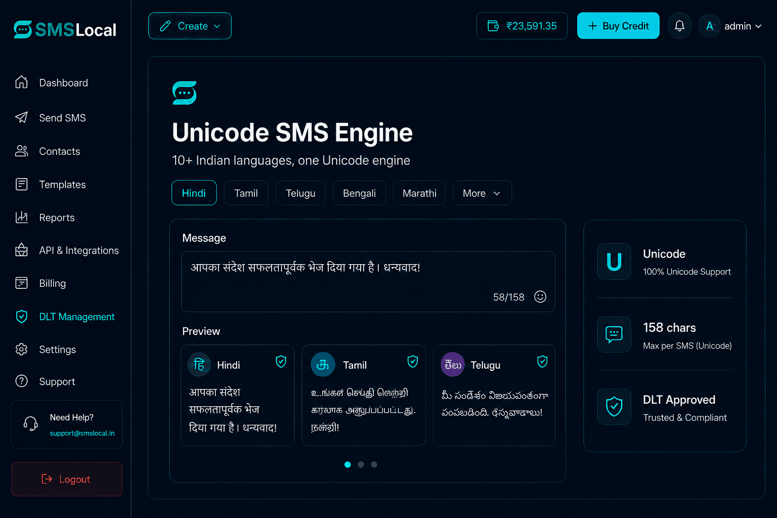 Bulk SMS composer rendering regional-language messages in Hindi, Tamil and Telugu with a live Unicode character count on the SMSLocal platform.