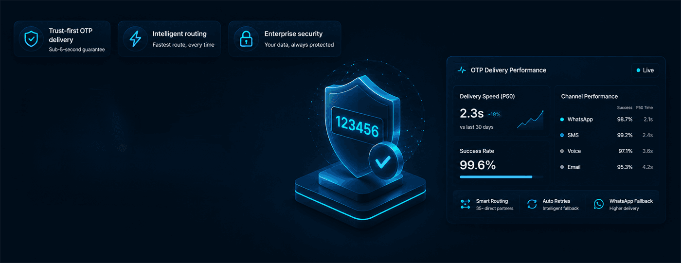 SMSLocal OTP SMS delivery performance dashboard showing 2.3-second delivery speed, a 99.6% success rate and per-channel performance across WhatsApp, SMS, voice and email, with smart routing, auto-retries and WhatsApp fallback.