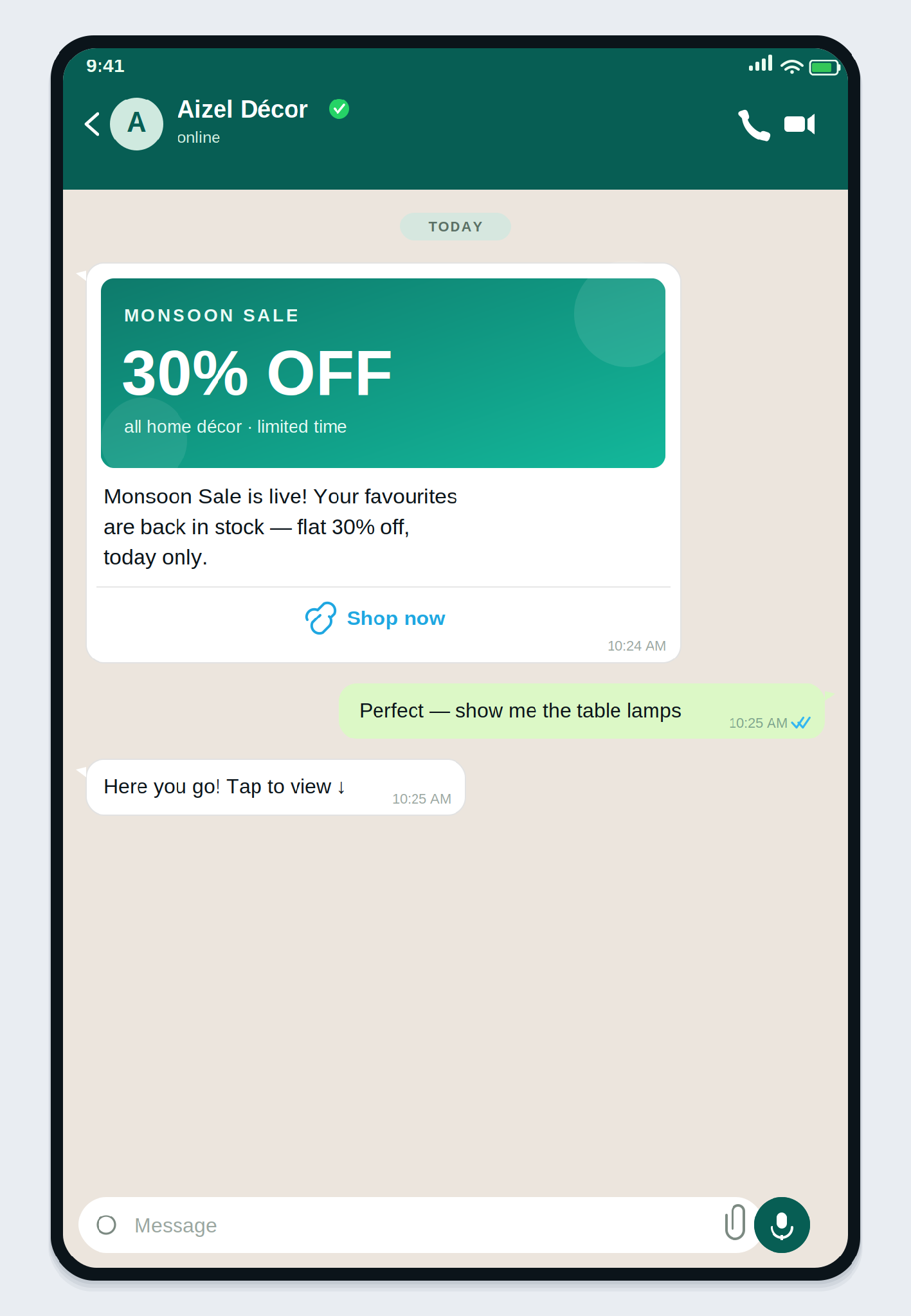 A WhatsApp Business chat showing a Monsoon Sale 30% off marketing template with a Shop now button, then a customer reply.