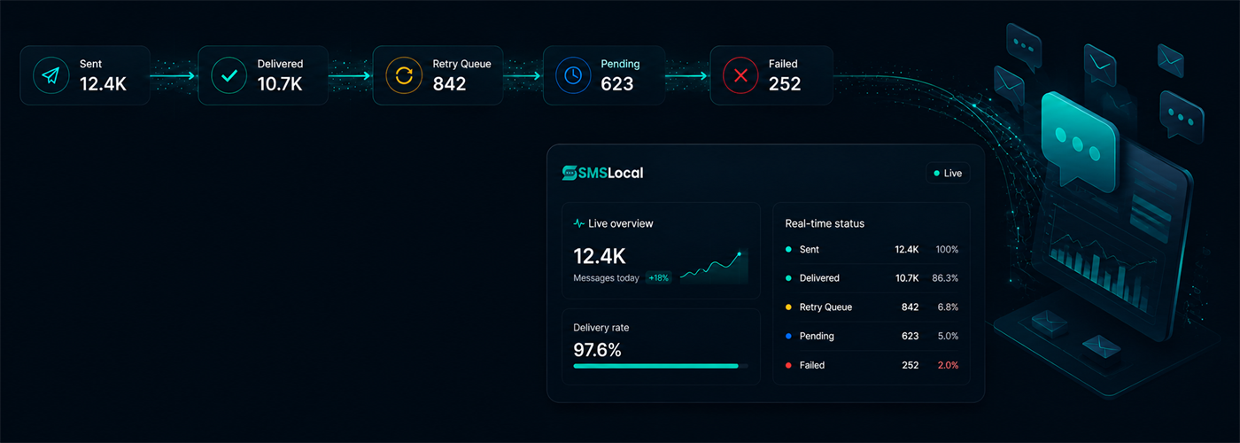 SMSLocal bulk SMS delivery dashboard showing every send, real-time delivery receipts, per-carrier breakdown and automatic retries for millions of messages in a single view.
