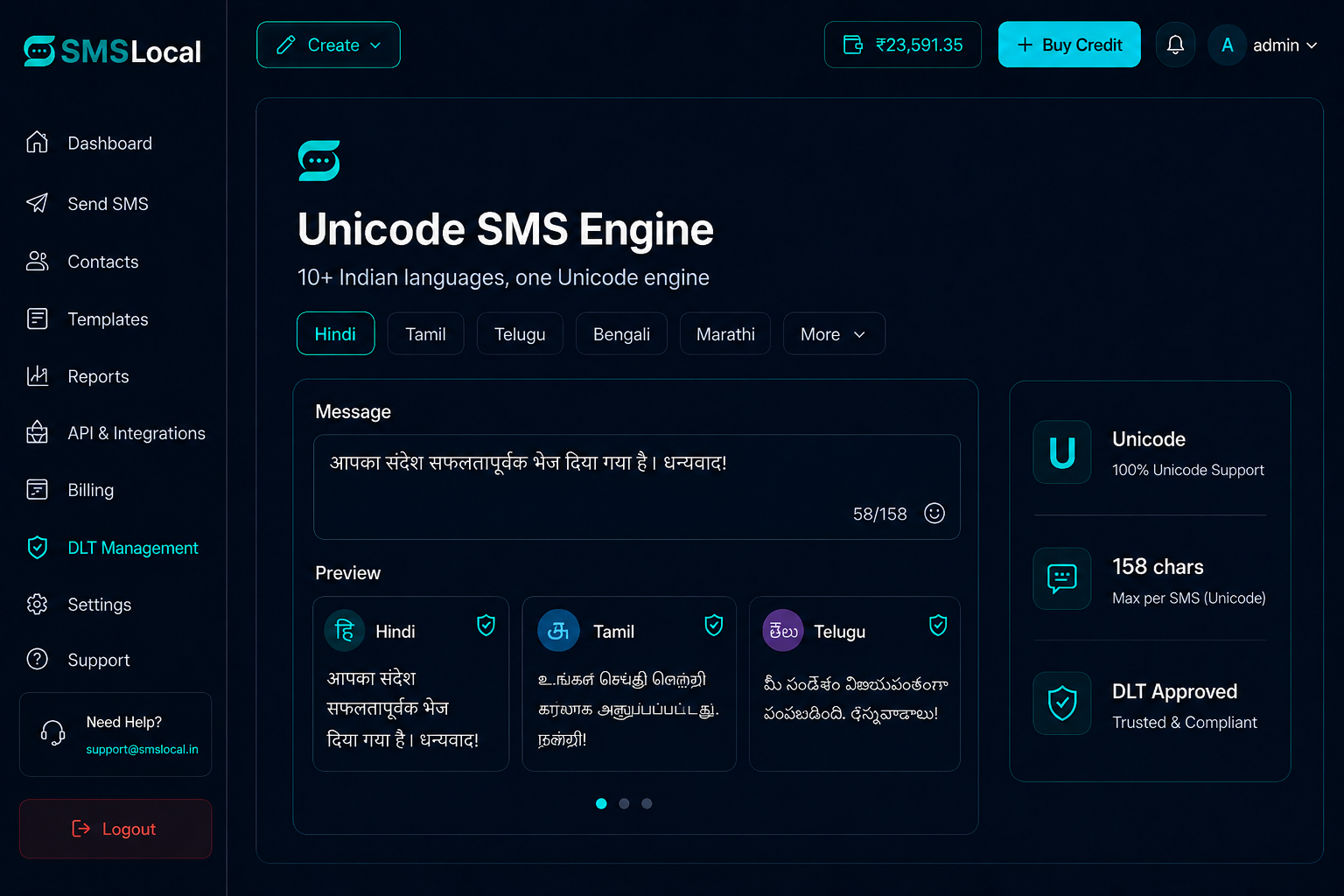 Bulk SMS composer rendering regional-language messages in Hindi, Tamil and Telugu with a live Unicode character count on the SMSLocal platform.